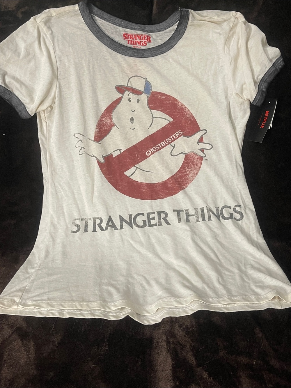 Stranger Things x Ghostbusters Women's White Ringer Graphic Tee